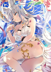 Rule 34 | 10s, 1girl, animal ears, ass, bikini, blue eyes, blurry, blush, breasts, collarbone, depth of field, erune, granblue fantasy, hammock, hand up, highres, holding, korwa, korwa (summer) (granblue fantasy), large breasts, light smile, long hair, looking at viewer, lying, nail polish, ocean, on side, outdoors, parted lips, silver hair, smile, solo, swimsuit, thighs, white bikini, xephonia