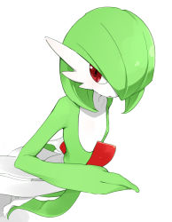 Rule 34 | 1girl, bob cut, collarbone, colored skin, creatures (company), dutch angle, female focus, flat chest, from above, full body, game freak, gardevoir, gen 3 pokemon, green hair, green skin, hair over one eye, hand up, looking to the side, multicolored skin, nintendo, open mouth, pokemon, pokemon (creature), red eyes, senju (snz0), short hair, simple background, solo, standing, two-tone skin, white background, white skin
