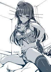 Rule 34 | 1boy, 1girl, artist name, bad id, bad pixiv id, blue theme, breasts, choukai (kancolle), cleavage, closed mouth, commentary request, dated, ears visible through hair, girl on top, glasses, gloves, hat, unworn hat, head out of frame, unworn headwear, hetero, highres, indoors, kantai collection, kneehighs, kobayashi chisato, long hair, miniskirt, monochrome, navel, reverse cowgirl position, sex, sex from behind, skirt, socks, solo focus, spread legs, stomach, straddling