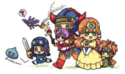 Rule 34 | 2girls, 3boys, ?, armor, blonde hair, blue eyes, blue gemstone, blue gloves, blue headwear, blush stickers, boots, burning, cape, carrying, carrying person, child, commentary request, dracky, dragon quest, dragon quest i, dragon quest ii, dress, earrings, fake horns, full body, gem, gloves, goggles, goggles on headwear, green eyes, green gloves, helmet, hero (dq1), holding, holding staff, holding sword, holding weapon, hood, horned helmet, horns, jewelry, juliet sleeves, long dress, long hair, long sleeves, looking at another, magic, multiple boys, multiple girls, nabenko, orange hair, prince of lorasia, prince of samantoria, princess, princess laura, princess of moonbrook, puffy sleeves, purple headwear, purple hood, red cape, red eyes, red footwear, red gloves, shoulder armor, slime (dragon quest), smoke, spiked hair, spoken question mark, staff, sword, tiara, twitter username, walking, weapon, white background, white gloves, white tunic, yellow dress