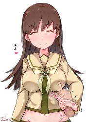 Rule 34 | 1girl, absurdres, baileys (tranquillity650), breast poke, breasts, brown hair, closed eyes, false smile, green neckerchief, heart, highres, holding another&#039;s wrist, kantai collection, long hair, long sleeves, male hand, medium breasts, midriff, navel, neckerchief, ooi (kancolle), ooi kai ni (kancolle), poking, school uniform, serafuku, smile, solo focus, trembling