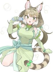 Rule 34 | 1girl, :3, animal ears, bare shoulders, blue bow, blunt bangs, blush, bow, bracelet, brown hair, cat ears, cat girl, cat tail, cosplay, cowboy shot, dress, earrings, elbow gloves, frilled dress, frilled gloves, frills, gloves, green bow, green dress, green eyes, green gloves, green hair, grey hair, head chain, high collar, jewelry, jungle cat (kemono friends), kemono friends, kemono friends v project, long hair, mermaid melody pichi pichi pitch, microphone, multicolored hair, necklace, open mouth, shell, shell earrings, shell necklace, shimazoenohibi, sidelocks, sleeveless, solo, tail, tail bow, tail ornament, touin rina (idol), touin rina (idol) (cosplay), twintails, waist bow