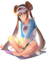Rule 34 | 1girl, absurdres, arm support, bare legs, barefoot, blue eyes, blue sleeves, blush, breasts, brown hair, collarbone, commentary request, creatures (company), crossed legs, double bun, embarrassed, eyelashes, feet, game freak, hair bun, highres, indian style, leaning forward, legs, long hair, maeshimashi, nintendo, own hands together, poke ball, poke ball (basic), pokemon, pokemon bw2, raglan sleeves, rosa (pokemon), shadow, shirt, sidelocks, simple background, sitting, skirt, small breasts, smile, solo, sweat, sweatdrop, toes, twintails, two-tone shirt, visor cap, watch, white background, white shirt, wristwatch, yellow skirt