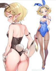 Rule 34 | 2girls, animal ears, aqua eyes, arm ribbon, ass, backless leotard, bare shoulders, blonde hair, blush, bob cut, bow, bowtie, braid, breasts, cleavage, crown braid, cuffs, detached collar, fishnets, frilled hairband, frills, full body, hair ornament, hairband, hairpin, hand to own mouth, high heels, highres, holding, holding plate, legs, leotard, medium breasts, multiple girls, nintendo, pantyhose, plate, playboy bunny, pointy ears, princess zelda, pumps, rabbit ears, rabbit tail, ribbon, short hair, shuri (84k), tail, the legend of zelda, the legend of zelda: breath of the wild, the legend of zelda: tears of the kingdom, thigh strap, tray, upper body, white background