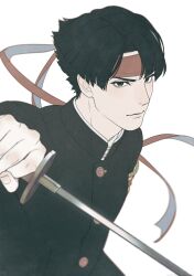 Rule 34 | 1boy, ace attorney, black hair, black jacket, blurry, brown eyes, buttons, closed mouth, depth of field, headband, highres, holding, holding sword, holding weapon, jacket, kazuma asogi, kune akiro, male focus, red headband, serious, short hair, simple background, solo, sword, the great ace attorney, upper body, weapon, white background