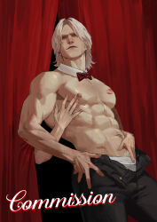 Rule 34 | 1boy, 1girl, abs, absurdres, bare pectorals, blue eyes, dante (devil may cry), devil may cry (series), devil may cry 5, facial hair, highres, holding, kiss, large pectorals, lips, looking at viewer, male focus, male pubic hair, maozhu, mature male, muscular, muscular male, necktie, nose, pectoral cleavage, pectorals, pubic hair, realistic, smile, solo, topless male, upper body, white hair