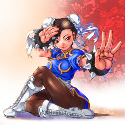 Rule 34 | 1girl, boots, breasts, brown hair, bun cover, capcom, china dress, chinese clothes, chun-li, closed mouth, cuffs, double bun, dress, eyeshadow, female focus, looking at viewer, makeup, pelvic curtain, short sleeves, sitting, smile, street fighter