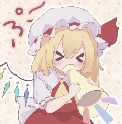 Rule 34 | &gt; &lt;, 1girl, ascot, back bow, blonde hair, blowing, blush, bow, closed eyes, crystal, flandre scarlet, frilled shirt collar, frills, grey background, hands up, hat, highres, holding, horn (instrument), medium hair, mob cap, outline, puffy short sleeves, puffy sleeves, r utchi, red skirt, red vest, short sleeves, simple background, skirt, skirt set, solo, star (symbol), touhou, upper body, vest, vuvuzela, white outline, wings, yellow ascot