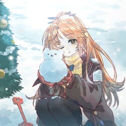 Rule 34 | 1girl, arknights, black thighhighs, brown jacket, christmas tree, day, feather hair, feet out of frame, forehead, garter straps, gloves, half updo, hansuitianer, highres, holding snowman, jacket, legs together, long hair, long sleeves, looking at viewer, mole, mole under eye, one eye closed, open clothes, open jacket, orange eyes, orange hair, outdoors, parted bangs, parted lips, pinecone (arknights), planted, planted shovel, ponytail, red gloves, ribbed sweater, shovel, sidelocks, snow, snowing, snowman, solo, squatting, sweater, thighhighs, turtleneck, turtleneck sweater, yellow sweater