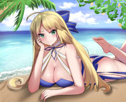 Rule 34 | 1girl, ahoge, artist request, artoria caster (fate), artoria caster (swimsuit) (fate), artoria caster (swimsuit) (third ascension) (fate), artoria pendragon (fate), ass, barefoot, beach, blonde hair, blush, breasts, butt crack, cleavage, cloud, cloudy sky, facial mark, fate/grand order, fate (series), feet, green eyes, hair ribbon, highres, large breasts, long hair, lying, ocean, ribbon, sand, sky, smile, solo, swimsuit, tree, water