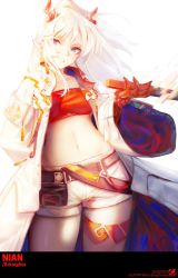 Rule 34 | 1girl, arknights, artist name, belt, bodypaint, bracelet, braid, breasts, character name, coat, copyright name, cowboy shot, dated, dragon horns, earrings, english text, highres, horns, jewelry, long hair, looking at viewer, midriff, navel, nian (arknights), parted lips, pearl bracelet, pointy ears, ponytail, purple eyes, short shorts, shorts, side braid, simple background, small breasts, solo, songchuan li, strapless, tassel, tassel earrings, thighs, tube top, white background, white coat, white hair, white shorts, wide sleeves, wind