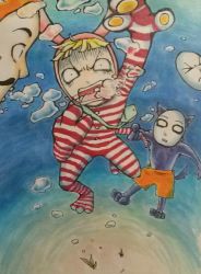 Rule 34 | 3boys, asphyxiation, blonde hair, drowning, gradient background, highres, kedamono, male focus, mask, multiple boys, nature, pajamas, papi, plant, popee the clown, popee the performer, scared, shorts, striped, underwater, water, wolf