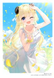 Rule 34 | 1girl, ;d, absurdres, arm up, bare shoulders, blonde hair, blue ribbon, blue sky, blush, breasts, cloud, dress, field, flower, flower bracelet, frilled dress, frills, fuumi (radial engine), highres, hololive, horns, lens flare, light rays, long hair, looking at viewer, medium breasts, one eye closed, open mouth, petals, purple eyes, ribbon, scan, shading eyes, sheep girl, sheep horns, sky, smile, solo, sunbeam, sunlight, tsunomaki watame, very long hair, virtual youtuber, white dress, yellow flower