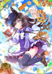 Rule 34 | 1girl, :o, animal ears, black hair, black hat, black thighhighs, blue flower, blue rose, blue sky, blush, book, brown footwear, carrot, cloud, cloudy sky, commentary request, day, eyes visible through hair, flower, food, frilled skirt, frills, full body, hair over one eye, hat, hat flower, highres, holding, holding book, horse ears, horse girl, horse tail, loafers, long sleeves, open book, outdoors, parted lips, pleated skirt, porurin, puffy long sleeves, puffy sleeves, purple eyes, purple shirt, purple skirt, rice shower (umamusume), rose, shirt, shoes, skirt, sky, solo, tail, thighhighs, tilted headwear, umamusume