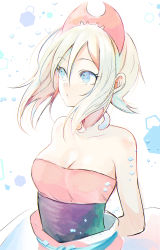 Rule 34 | 1girl, arms behind back, bare shoulders, blonde hair, blue eyes, breasts, cleavage, collarbone, commentary request, creatures (company), game freak, hair between eyes, headdress, highres, irida (pokemon), jewelry, medium breasts, neck ring, nintendo, pokemon, pokemon legends: arceus, shirt, short hair, solo, strapless, strapless shirt, upper body, white background, yue (lov n n)