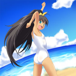 Rule 34 | 00s, 1girl, aqua eyes, ass, beach, day, female focus, flat chest, ganaha hibiki, hair ribbon, idolmaster, idolmaster (classic), long hair, nishi (count2.4), one-piece swimsuit, open mouth, outdoors, ponytail, ribbon, school swimsuit, sky, smile, solo, swimsuit, very long hair, white school swimsuit, white one-piece swimsuit