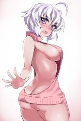 Rule 34 | 10s, 1girl, ahoge, ass, backless dress, backless outfit, bare back, blush, breasts, butt crack, covered erect nipples, dress, gradient background, hevn, large breasts, looking at viewer, meme attire, naked sweater, open mouth, pink sweater, purple eyes, senki zesshou symphogear, short hair, sideboob, simple background, solo, sweater, sweater dress, turtleneck, turtleneck sweater, twintails, virgin killer sweater, yukine chris