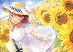 Rule 34 | 1girl, :d, bag, blush, bow, braid, breasts, brown eyes, brown hair, brown hat, collarbone, commentary request, day, dress, dutch angle, field, flower, flower field, hat, hat bow, highres, horizon, long hair, looking at viewer, medium breasts, ocean, open mouth, original, outdoors, petals, pleated dress, shiro kuma shake, short sleeves, smile, solo, summer, sunflower, sunflower field, twin braids, water, white bow, white dress, yellow flower