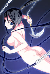 Rule 34 | 00s, 1girl, amano yuu, ass, breasts, chain scythe, flat ass, kusarigama, large breasts, long hair, looking back, nakatsukasa tsubaki, nipples, nude, ponytail, sickle, solo, soul eater, very long hair, weapon