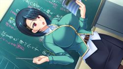 Rule 34 | 1girl, belt, blue hair, book, breasts, chalkboard, earrings, game cg, huge breasts, impossible clothes, impossible shirt, jewelry, kurashiki tomoko, legs, looking away, open mouth, pantyhose, pointer, red eyes, saiminbo, serious, shirt, short hair, skirt, solo, standing, sumeragi yuusuke, teacher, thighs