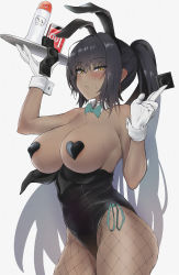 Rule 34 | 1girl, absurdres, animal ears, bare shoulders, black hair, black leotard, blue archive, blush, breasts, breasts out, condom, condom packet strip, condom wrapper, covered erect nipples, dark-skinned female, dark skin, detached collar, fake animal ears, fishnet legwear, fishnets, gloves, heart pasties, highleg, highleg leotard, highres, karin (blue archive), karin (bunny) (blue archive), large breasts, leotard, long hair, looking at viewer, lotion bottle, pasties, playboy bunny, ponytail, rabbit ears, sidelocks, solo, thighs, tray, user vxga7474, white gloves, yellow eyes