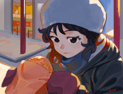 Rule 34 | 1girl, absurdres, black coat, black eyes, bread, closed mouth, coat, food, fur hat, hat, highres, holding, holding food, hood, hood down, hooded coat, looking at viewer, medium hair, melon bread, mittens, original, red mittens, ryusei hashida, smile, snow, solo