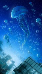 Rule 34 | 1girl, air bubble, animal, bag, barefoot, black skirt, blue sky, blue theme, bubble, building, chocoshi, city, cityscape, commentary, diving, dutch angle, flying, freediving, highres, holding, holding bag, jellyfish, original, outdoors, oversized animal, railing, scenery, shirt, short hair, short sleeves, skirt, sky, skyscraper, solo, underwater, underwater city, white shirt