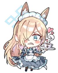 1girl alternate_costume animal_ear_fluff animal_ears apron blonde_hair blue_archive blue_bow blue_eyes blue_halo blue_trim blush blush_stickers bow chibi commentary cup dog_ears dog_girl embarrassed enmaided frown hair_over_one_eye halo hayashi_itsuki heart highres holding holding_saucer kanna_(blue_archive) long_hair long_sleeves maid maid_apron maid_headdress paw_print saucer sharp_teeth solo tea teacup teeth