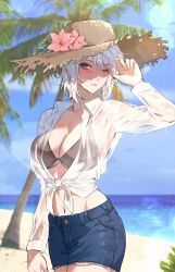 Rule 34 | 1girl, beach, bikini, bikini top only, black bikini, blue eyes, blush, breasts, bucket mang, cleavage, closed mouth, collared shirt, commentary request, cowboy shot, day, denim, denim shorts, faust (project moon), flower, hand up, hat, highres, korean commentary, large breasts, limbus company, long sleeves, looking at viewer, ocean, one eye closed, outdoors, palm tree, project moon, sand, see-through, see-through shirt, shirt, short hair, shorts, solo, straw hat, swimsuit, tied shirt, tree, wet, wet clothes, wet shirt, white hair, white shirt, wing collar