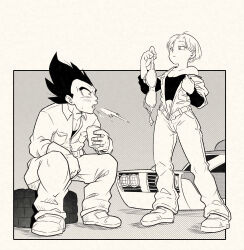 Rule 34 | 1boy, 1girl, absurdres, bra, bulma, car, commentary, cup, dragon ball, dragon ball super, earrings, english commentary, gloves, greyscale, highres, holding, holding bra, holding clothes, holding cup, holding underwear, husband and wife, jewelry, monochrome, motor vehicle, navel, off shoulder, pink mousse, short hair, sitting, smile, spit take, spitting, tire, underwear, unworn bra, unzipped, vegeta