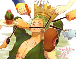 Rule 34 | birthday, body writing, brook (one piece), cactus, character name, food, franky (one piece), green hair, male focus, meat, monkey d. luffy, nami (one piece), nico robin, one-eyed, one piece, open clothes, open shirt, pocky, pocky day, roronoa zoro, scar, shirt, sleeping, tony tony chopper, usopp