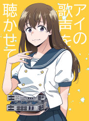 Rule 34 | 1girl, ai no utagoe wo kikasete, android, blue skirt, brown hair, hand up, higashi ringo, long hair, looking at viewer, purple eyes, school uniform, shion (ai no utagoe wo kikasete), short hair, short sleeves, simple background, skirt, solo, yellow background