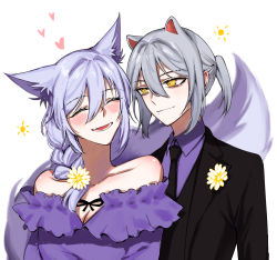 Rule 34 | 2girls, :d, ^ ^, alternate costume, animal ears, arknights, bare shoulders, black jacket, black necktie, blush, braid, closed eyes, collarbone, commentary request, dress, drlee lili, flower, formal, grey hair, hair between eyes, hair flower, hair ornament, heart, highres, jacket, large tail, long hair, mole, mole under mouth, mouse ears, multiple girls, necktie, off-shoulder dress, off shoulder, open mouth, ponytail, provence (arknights), purple hair, purple shirt, scavenger (arknights), shirt, short hair, sidelocks, simple background, single braid, smile, suit, tail, upper body, white background, white flower, wolf ears, wolf tail, yellow eyes, yuri