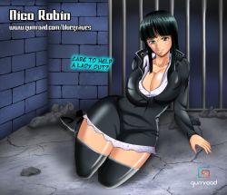 Rule 34 | 1girl, black hair, bluegraves, boots, breasts, censored, cleavage, curvy, dark-skinned female, dark skin, denim, female focus, green eyes, huge breasts, jacket, jeans, large breasts, leather, leather boots, leather jacket, miniskirt, nico robin, nude, one piece, open mouth, pants, shiny skin, short hair, sitting, skirt, smile, suggestive, thick thighs, thighhighs, thighs, wide hips