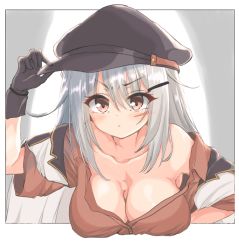 Rule 34 | 1girl, black gloves, black hat, breasts, cleavage, collarbone, commentary request, facial scar, gangut (kancolle), gloves, grey hair, hat, jacket, kantai collection, kasashi (kasasi008), large breasts, long hair, open clothes, orange eyes, peaked cap, red eyes, red shirt, scar, scar on cheek, scar on face, shirt, solo, upper body, white jacket