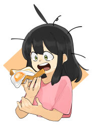 Rule 34 | 1girl, absurdres, alternate costume, black hair, commentary request, cropped torso, food, fried egg, fried egg on toast, green eyes, hands up, highres, holding, holding food, indie virtual youtuber, looking at food, loose hair strand, matarou0625, medium hair, open mouth, pink shirt, shirt, short sleeves, simple background, solo, sweatdrop, t-shirt, tokoyo moko, upper body, upright ahoge, v-shaped eyebrows, virtual youtuber, white background, wide-eyed