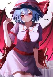 Rule 34 | 1girl, ascot, back bow, bat (animal), bat wings, blue hair, bow, breasts, closed mouth, commentary request, contrapposto, cowboy shot, expressionless, fingernails, hair between eyes, hand up, hat, highres, imblossoms, looking at viewer, medium breasts, medium hair, mob cap, red ascot, red eyes, remilia scarlet, simple background, solo, thighs, touhou, white background, wings