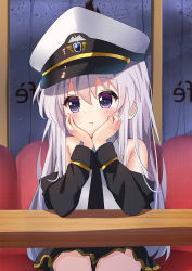 Rule 34 | 1girl, :t, aged down, arm support, azur lane, bare shoulders, black jacket, black necktie, black skirt, blush, closed mouth, collared shirt, commentary, couch, enterprise (azur lane), hair between eyes, hands up, hat, head in hand, head rest, ikazu401, jacket, long hair, looking away, looking to the side, military hat, necktie, off shoulder, on couch, open clothes, open jacket, peaked cap, pleated skirt, pout, purple eyes, shirt, silver hair, sitting, skirt, sleeveless, sleeveless shirt, solo, table, very long hair, white hat, white shirt