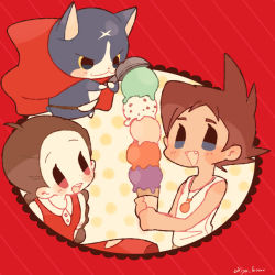 Rule 34 | 10s, 1boy, 1girl, amano yukiko (youkai watch), blush, braid, brown hair, cape, cat, chiyoko (oman1229), fang, food, fuyunyan, gradient , ice cream, ice cream cone, ice cream scoop, keizou, long hair, open mouth, red cape, scar, short hair, simple background, too many, too many scoops, traditional youkai, twin braids, twitter username, youkai watch, youkai watch 2