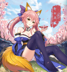 Rule 34 | 10s, 1girl, animal ears, bell, blue thighhighs, bow, breasts, cherry blossoms, chunrijun (springer), cleavage, collar, cup, day, detached sleeves, fate/extra, fate (series), fox ears, fox tail, guangfu bao tong meng0-0, hair bow, hair ribbon, highres, japanese clothes, looking at viewer, neck bell, outdoors, panties, pink hair, ribbon, sakazuki, solo, tail, tamamo no mae (fate/extra), thighhighs, translation request, underwear, white panties, yellow eyes