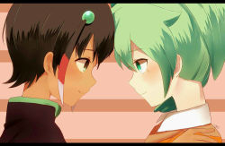 Rule 34 | 2boys, blush, brown hair, child, fei rune, green eyes, green hair, hand on another&#039;s shoulder, inazuma eleven, inazuma eleven (series), inazuma eleven go, jacket, looking at another, male focus, multiple boys, shirt, shuu (inazuma eleven), simple background, smile, tekina