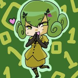 Rule 34 | 1girl, artist request, binary, breasts, chibi, digimon, digimon story: cyber sleuth, digimon story: cyber sleuth hacker&#039;s memory, floral print, flower, formal, gloves, green background, green hair, hair ornament, jacket, kishibe rie, looking at viewer, naughty face, skirt, skirt suit, smile, solo, suit, yellow eyes, yellow skirt