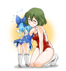 Rule 34 | 2girls, adapted costume, ass, blood, blue hair, blush, boots, bow, child, cirno, closed eyes, green hair, hair bow, height difference, hug, kazami yuuka, kneeling, miyaji, multiple girls, nontraditional school swimsuit, one-piece swimsuit, red one-piece swimsuit, school swimsuit, smile, swimsuit, swimsuit costume, tiptoes, touhou, white one-piece swimsuit, white school swimsuit, wings, wrestler, wrestling, wrestling outfit