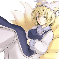 Rule 34 | 1girl, blonde hair, courreges ace, crossed arms, face, female focus, fox tail, hands in opposite sleeves, hat, lowres, multiple tails, short hair, simple background, smirk, solo, tail, touhou, yakumo ran, yellow eyes