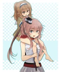 Rule 34 | &gt;:d, 10s, 2girls, :d, annin musou, bad id, bad twitter id, blue eyes, blush, brown eyes, brown hair, carrying, checkered background, child, commentary, hands on another&#039;s head, highres, i-26 (kancolle), kantai collection, long hair, multiple girls, open mouth, ponytail, saratoga (kancolle), shoulder carry, smile, v-shaped eyebrows, aged down