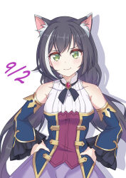 Rule 34 | 1girl, animal ear fluff, animal ears, black hair, blue sleeves, breasts, cat ears, cat girl, dated, dress, extra ears, green eyes, hands on own hips, highres, karyl (princess connect!), long hair, maxwelzy, multicolored hair, princess connect!, shadow, streaked hair, very long hair, wavy mouth, white background, white hair