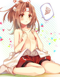 Rule 34 | 10s, 1girl, blush, brown eyes, brown hair, collarbone, hachimaki, hands on own chest, headband, japanese clothes, kantai collection, long hair, looking at viewer, partially undressed, personification, ponytail, sitting, solo, toosaka asagi, wariza, white background, zuihou (kancolle)