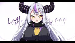 Rule 34 | 1girl, :d, absurdres, animal, animal on head, bird, black dress, blush, braid, character name, commentary request, crow, crow (la+ darknesss), demon horns, dress, fangs, grey hair, highres, hololive, horns, la+ darknesss, la+ darknesss (1st costume), letterboxed, long sleeves, looking at viewer, multicolored hair, okota mikan, on head, open mouth, purple hair, simple background, sleeves past fingers, sleeves past wrists, smile, solo, streaked hair, text background, upper body, v-shaped eyebrows, virtual youtuber, white background, yellow eyes