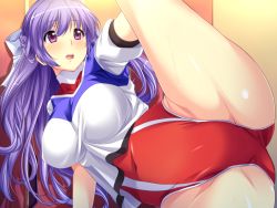 Rule 34 | 1girl, blush, breasts, female focus, huge breasts, long hair, marushin (denwa0214), one-piece swimsuit, open mouth, purple eyes, purple hair, red one-piece swimsuit, shinjou yukari, shirt, solo, supokon! sports wear complex, swimsuit, swimsuit under clothes, t-shirt