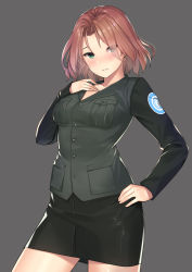 Rule 34 | 10s, 1girl, azumi (girls und panzer), blush, breasts, brown hair, buttons, collarbone, cowboy shot, eyes visible through hair, girls und panzer, green eyes, grey background, hand on own hip, hand on own chest, highres, impossible clothes, kagematsuri, long sleeves, looking at viewer, medium breasts, military, military uniform, parted lips, pencil skirt, selection university military uniform, shiny clothes, short hair, simple background, skirt, smile, solo, uniform